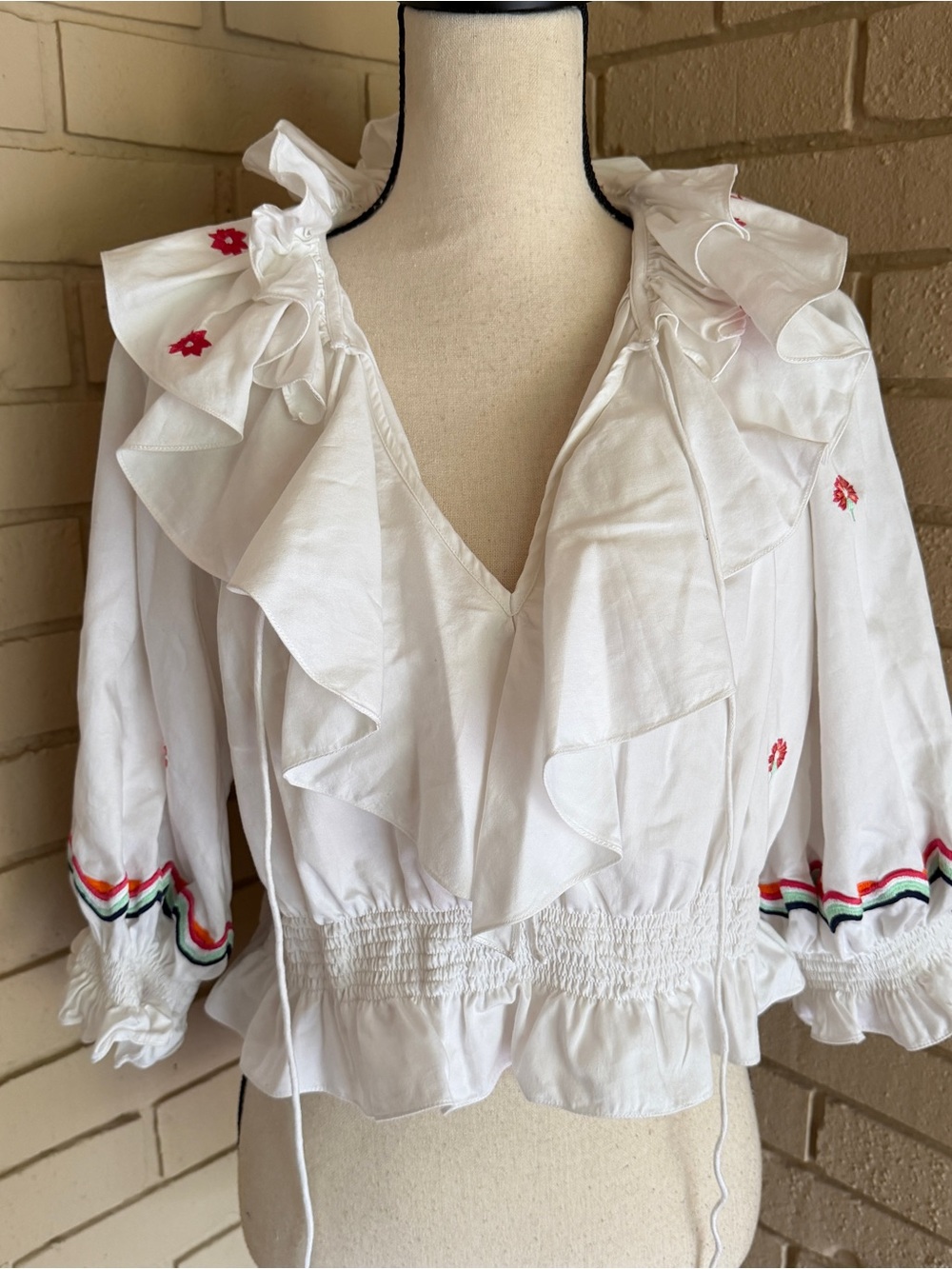 Temperley London White Cotton Floral Embroidered Boho Resort Ruffle Blouse Top M